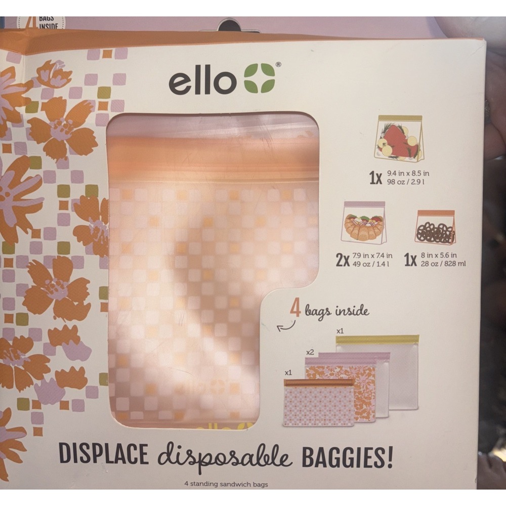 Ello Plastic Reusable Food Storage BPA-Free 4 Standing Sandwich Bags